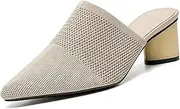 [NourIron] Women’s Knit Closed Pointed Toe Chunky Heel Mules Fashion Mesh Breathable Low block Heel Pump Sandals Comfortable Slip On Dress Party Shoes
