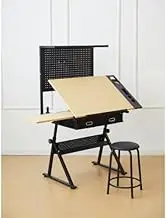 Kelligo Adjustable Drafting Table, Drafting Table with Metal Perforated Board Pannel, Adjustable Desk Tilted Tabletop with Stool and 5 Hooks, Artist Painters Drawing, Crafting, Reading, Office