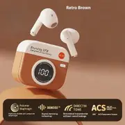 Wireless Noise Cancelling Bluetooth Retro Camera Case Earpods 8 Core 5.4 Chip 1888H Standby HD Sound ACS360 Sound Gaming Music Christmas Gift Col.Brown
