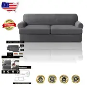 Contemporary Checkered 3-Piece Grey T Cushion Sofa Covers - Elastic Strap Fit