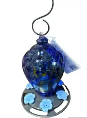 New Nature's Way Artisan Gravity Glass Hummingbird Feeder Blue & Yellow Glass