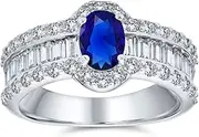 [Bling Jewelry] Personalize Vintage Estate Art Deco Style Halo Blue Simulated Sapphire Marquise Oval Solitaire Engagement Ring For Women .925 Sterling Silver Customizable