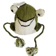 Frog Winter Hat Child 16" D Wool Fleece Lined Headwear Green & White Nepal