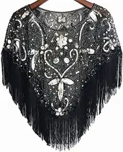 [HEYDHSDC] Women 1920S Sequined Shawl with Tassels Beaded Pearl Fringe Sheer Mesh Wraps Retro Flapper Cape Cover Up