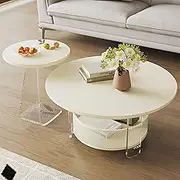 EKDJSN White Nesting Tables Set of 2, Coffee Table with Acrylic Suspended Mother-and-Child, Large-Capacity Hollow Breathable Storage Basket, for Living Room, Office, Bedroom(31in+18in)