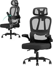 Office Chair, Ergonomic Office Chairs, Flip-up Desk Chair for Adults, Mesh Computer Chair with Lumbar Support & Adjustable Headrest, High Back Home Office Task Chairs, Comfy, Study, All Black
