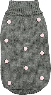 Record - Candy Shop Dog Jumper, Back Length 35cm. Solid Color Turtleneck Sweater with Velvety Pompoms. Leash Hole and Machine Washable| Grey, S