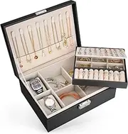 Benxdara Jewellery Box Organiser for Women Girls, 2 Layers Large Jewelry Storage Case with Removable Tray, PU Leather Lockable Jewellery Boxes Holder for Rings Earrings Necklace Bracelets Watch, Black