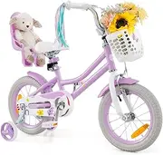 [Honey Joy] Kids Bike, 14 Inch Children Bicycle w/Detachable Training Wheels, Storage Basket, Adjustable Seat & Handlebar, Bow or Streamer, Girls Bike for 3-5 Years Old, Purple