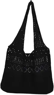 [BESTYASH] Knitted Bag Crossbody Bag Crochet Shoulder Bag Woven Bag Cute Bags Pool Bag Rattan Purse Knitted Shoulder Handbags Tote Bags Canvas Black Purse Fashion Woman Pouch Polyester