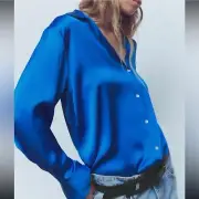 NEW Zara Satin Effect Top Size XL Electric Blue Button Front Blouse Women's