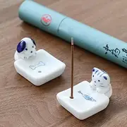 Set of 2, Japanese Mini Cute Kitty Cat with Dog Handmade White Ceramic Incense Stick Holder or Incense Burner Holder, Inscent Tray for Home Decor Yoga Spa Meditation, 1.42 inches