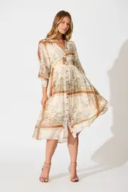 Liaison Midi Dress 3/4 Sleeve in Multi Beige Patchwork Print 8