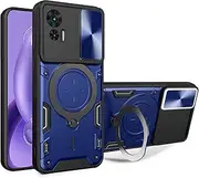 [XBS-Better] Hybrid Heavy Duty Bumper Cover with Slide Camera Lens Cover with Built-in 360° Flexible Rotate Holder Magnetic Plate Kickstand Case for Motorola Edge 30 Neo/30 Lite-Blue