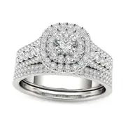 1.0 CT. T.W. Natural Diamond Double Cushion Frame Multi-Row Bridal Engagement Ring Set in Solid 14K White Gold