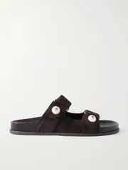 [Jimmy Choo] Jimmy Choo - Fayence Faux Pearl-embellished Suede Slides - Chocolate - IT39 IT 39 Brown