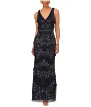 Aidan Mattox Beaded Ruffle Sleeveless V Neck Dress Blue 8