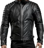 [Sumairah] Mens Puffer Biker Jacket Racer Fit Black Multi Zipper Pocket Motorbike Rider Genuine Leather Jackets