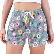 [GuoChe] Shorts with Pockets Flowers Design Small Colorful Scandinavian High Waisted Running Shorts Elastic Elastic Waist