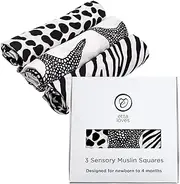 Etta Loves Animal Print Muslin Cloths, Black and White Baby Sensory Muslin Cloths, Baby Essentials For Newborn to 4-Month-Old Babies (3-PACK)