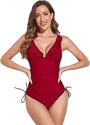 [TEMKIN] Womens One Piece Swimsuit Adjustable Strap Tummy Control Ruffle Swimwear Swimming Costume