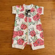 Bonds Baby Pink Red Floral Short Sleeve Zip Romper Wondersuit Size 2 BNWT