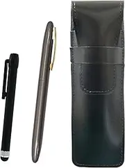 ASB-ALB-TK11-H Slim Cow Leather Pen Case Black Metal Touch Stick with Brass Dacapo Clip Ballpoint Pen Set Gray Shaft