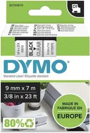 DYMO D1 Labels, Black Print on Clear, 9mm x 7m, Self-Adhesive Labels for LabelMa