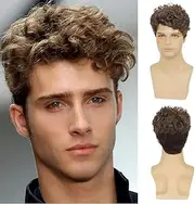 Men's Brown Wig Short Curly Wave Brown Wig Fashion Synthetic Hair Halloween Costume Men's Wig (Brown, 25cm)
