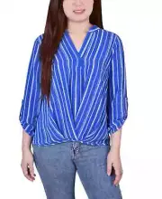 NY Collection (48*) Petite Mandarin Collar Blouse with Front Pleats Blue Sz PM