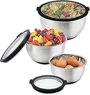 Rorence Stainless Steel Mixing Bowls with Transparent Lids Set, Nesting Metal Salad Bowls with Non-slip Silicone Bottom for Kitchen, Set of 3-1.5QT, 3QT, 5QT, Dishwasher Safe, Black
