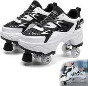 [AMMFIT] Roller Skate Shoes with Brake, Walk Deformation Shoes with Double-Row Wheels for Kids and Adults Technical Skateboarding Shoe with Deformed Wheels,White2-8.5