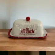 Merry Christmas Country Butter Dish Ceramic Holiday Tree Snow Flakes White/Red