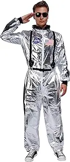 Maxim Party Supplies Adult Astronaut Costume Jumpsuit Silver Space Suit for Men with Embroidered Patches and Pockets