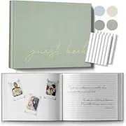 Wedding Guest Book for Memorial Service, Half Blank and Lined Guestbook Alternative with Table Sign, 108 Polaroid Photo Corners Stickers, Baby Shower, 100 Pages - Sage 7.2x9.2”