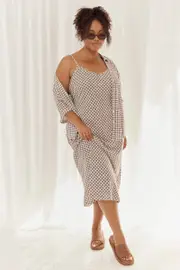 Brown Geo Midi Slip Dress Linen Blend