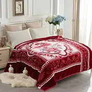[JYK] Heavy Korean Mink Fleece Blanket, 5 LB - 2 Ply Reversible 520GSM Silky Soft Plush Warm Blanket for Autumn Winter (Queen, Flower/Burgundy)