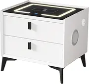 OIKITURE Smart Bedside Table with 2 Drawers, LED Nightstand with Wireless Charging & Bluetooth Speakers, Side Table for Bedroom Living Room Home Furniture, White, 50x40x45cm