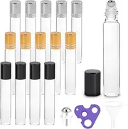 Tanstic 15Pcs Essential Oil Roller Bottles, 10ml Clear Glass Roller Bottles with Gold Silver Black Caps, Roll On Bottles with Extra Stainless Steel Roller Balls, Opener, Funnels for Oils Perfume