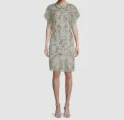 $395 Aidan Mattox Women's Silver Embellished Round Neck Shift Dress Size US8