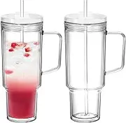 Icesip 40 oz Tumbler with Handle and Straw Double Wall Reusable Plastic Clear Tumbler with Lid Acrylic Iced Coffee Cups Water Travel Mug 2 Pack