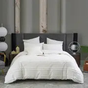 CottonMore 100% Cotton Tufted Stripe Pattern White Quilt Doona Duvet Cover Set - Queen