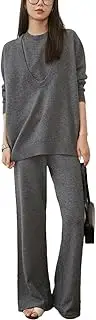 [Generic] Women's Sweater Suits Long Sleeve V Neck Pullovers Knit Vest Tops High Waist Wide Leg Pants 3 Piece Set Tracksuits