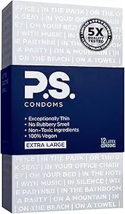P.S. Condoms Extra Large Latex Condoms for Men - Odorless and 100% Vegan - Exceptionally Thin, Lubricated, and Clear Condoms - XL 12 Pack
