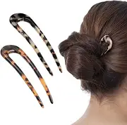 2 Pack Benefree French Style Cellulose Acetate Tortoise Shell U Shaped Hair Pins Fork 2 Prong Updo Chignon Pin for Women Girls Hairstyle Accessories（Tortoiseshell and White Tortoiseshell)
