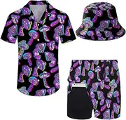 [Wdpsuxin] Mens 2 Piece Tracksuit Hawaiian Button Down Shirt and Compression Liner Shorts Sets with Bucket Hats