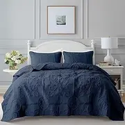 B2EVER Damask Quilt King Size Bedding Sets with Pillow Shams, Boho Lightweight Soft Bedspread Coverlet, Navy Blue Quilted Blanket Thin Comforter Bed Cover for All Season, 3 Pieces, 104x90 inches
