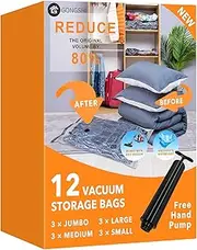 [GONGSHI] Vacuum Storage Bags (3 x Jumbo, 3 x Large, 3 x Medium, 3 x Small), Space Saver Sealer Compression Bags with Travel Hand Pump for Blankets, Comforters, Pillows, Clothes Storage