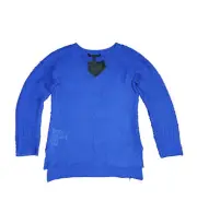 NEW BCBG MAX AZRIA Emmy Blue Vneck high low Crochet Knit Blouse Top Sweater
