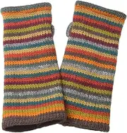 [Pachamama] Women Wool Hand Wrist Warmers Fleece Lined Handknitted Stripe Multicoloured One-Size Handmade Thumbslot Thermal Extra Warm Fair Trade